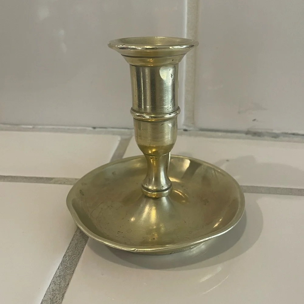 Vintage Handmade Brass Chamber Stick Candle Holder with Finger Loop & Drip